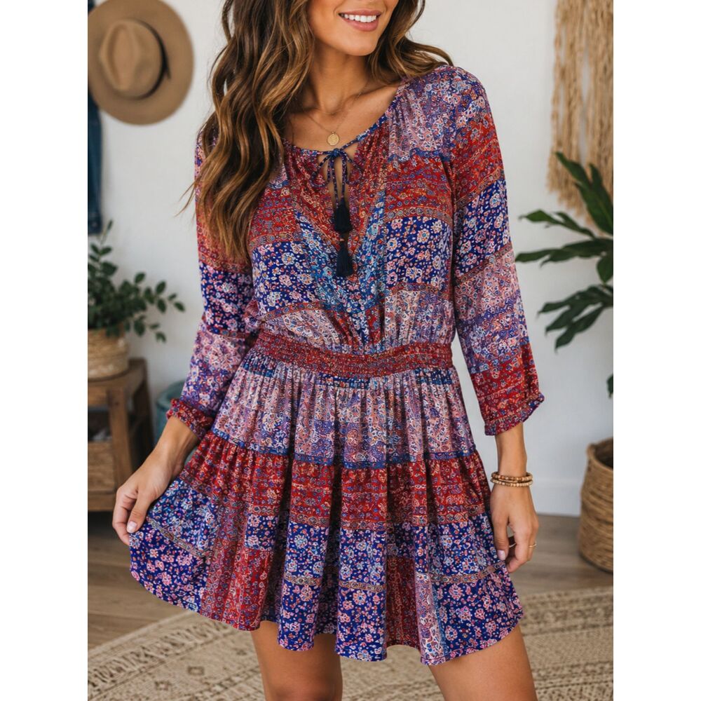 Lucky Brand Boho Peasant Dress Large Paisley Tassel Smocked Mini Festival